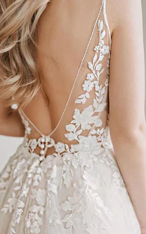 A-Linie V-Ausschnitt Bodenlange Spitze Tüll Spaghetti Ärmelloses Brautkleid