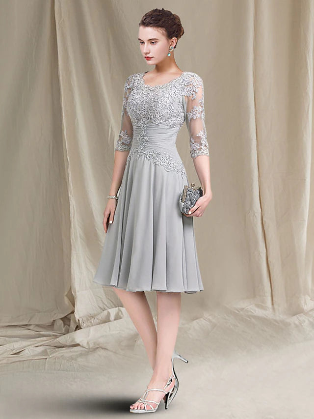 A-Line Mother of the Bride Dress Elegant Square Neck Knee Length Chiffon Lace Half Sleeve with Ruched Appliques