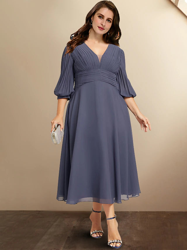 A-Line Plus Size Curve Mother of the Bride Dresses Elegant Dress Formal Tea Length Half Sleeve V Neck Chiffon with Pleats Ruched