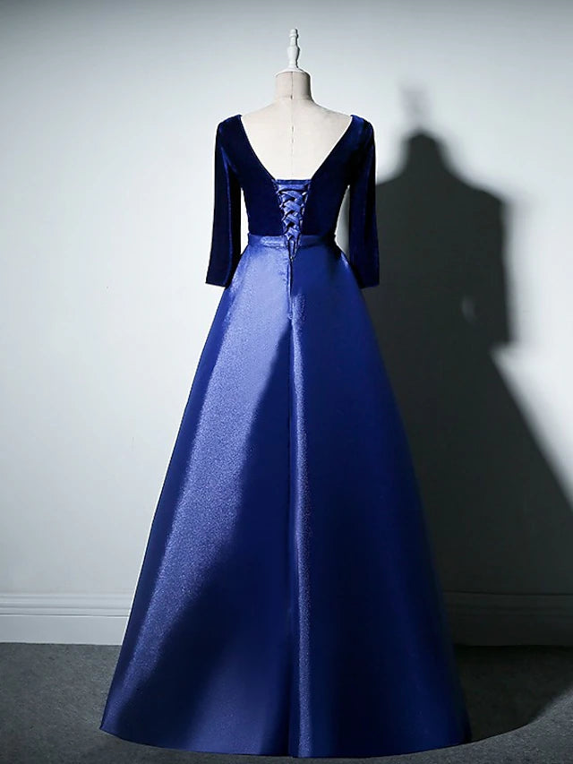 A-Line Mother of the Bride Dress Simple Elegant V Neck Floor Length Taffeta Velvet Long Sleeve with Pleats