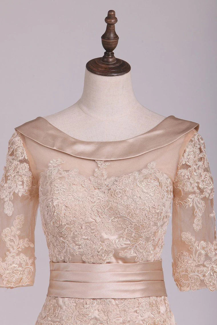 Sheath Cowl Neck Half Sleeve Satin Applique Mother Of The Bride Dresses