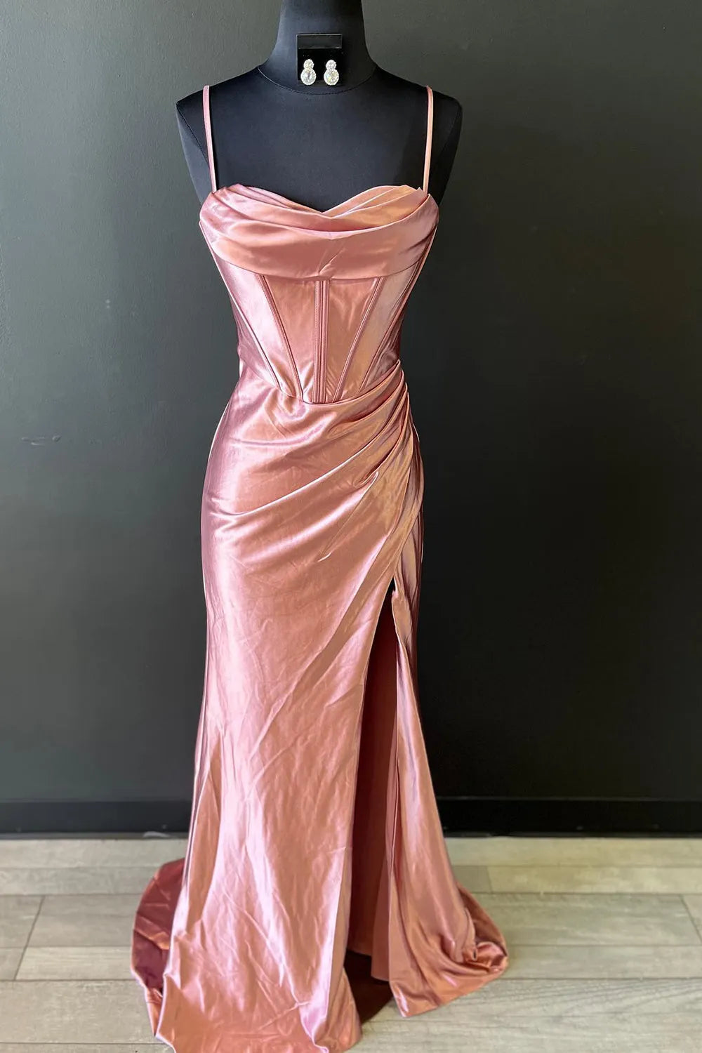 Mermaid Spaghetti Straps Satin Prom Dress with Slit