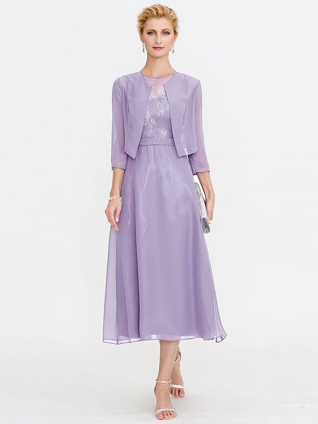 A-Line Mother of the Bride Dress Plus Size Elegant Illusion Neck Tea Length Chiffon Corded Lace Sleeveless Wrap Included with Lace Pleats