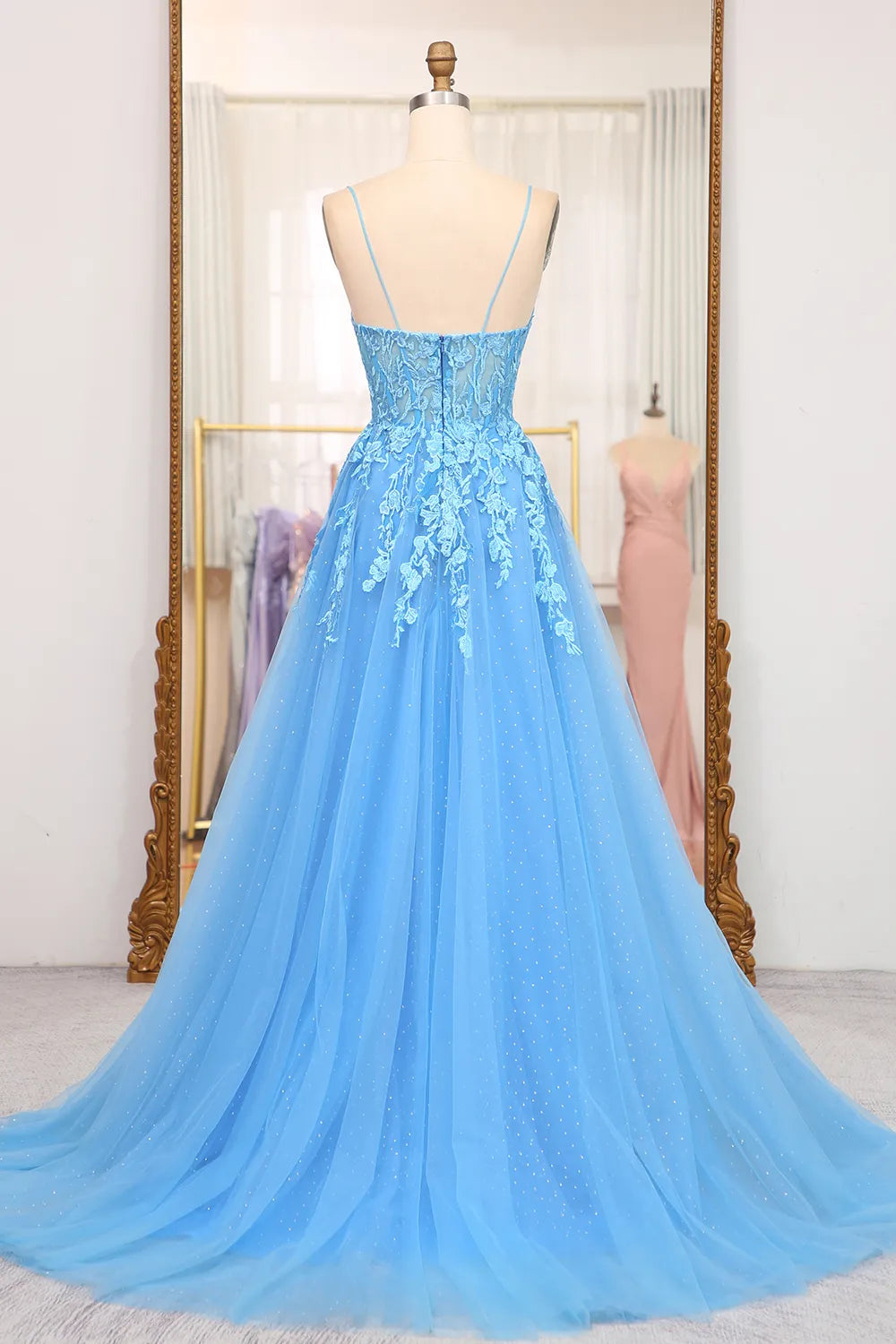 A Line Spaghetti Straps Long Prom Dress with Appliques