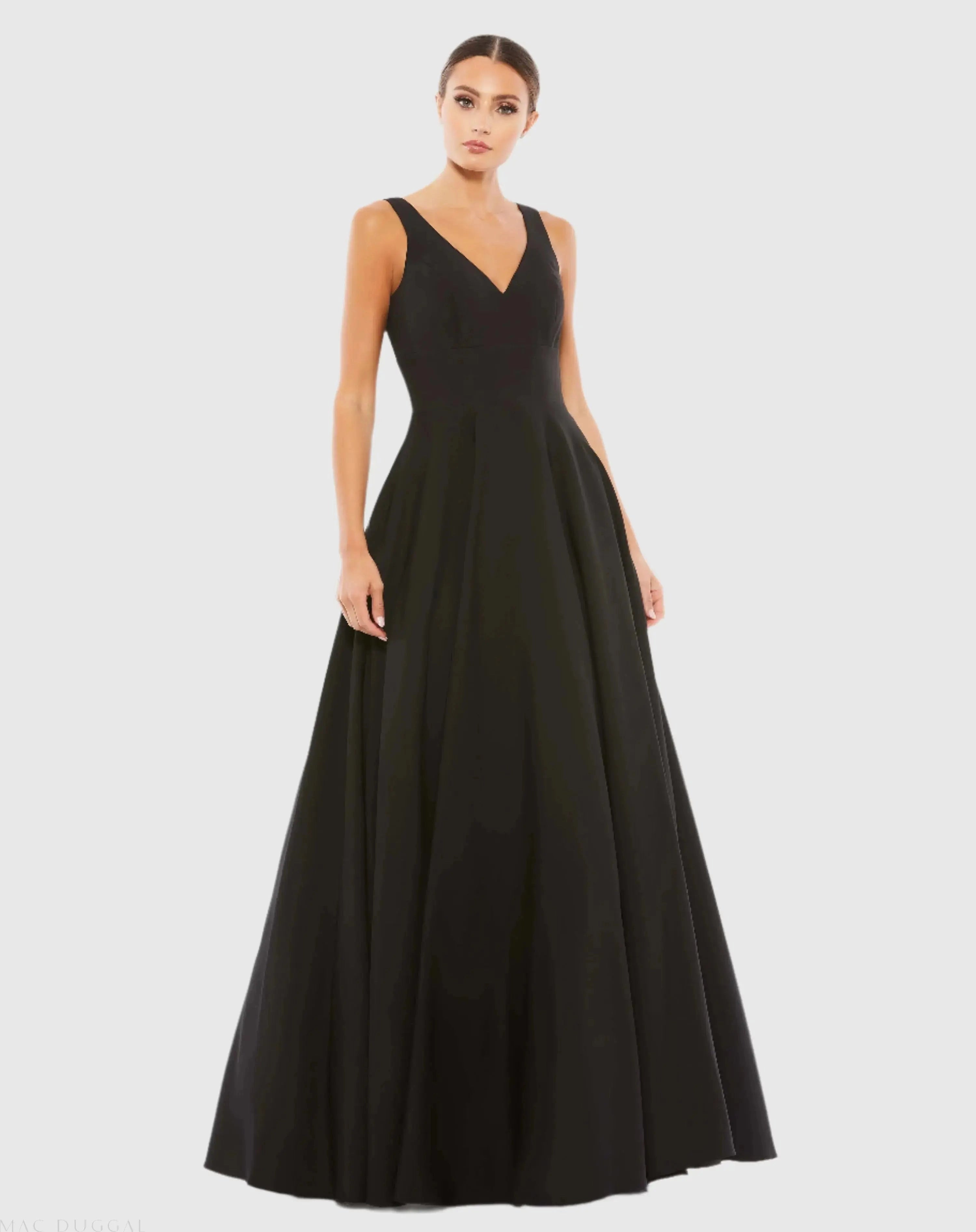 Classic a-line sleeveless v-neck lowback floor-length prom gown