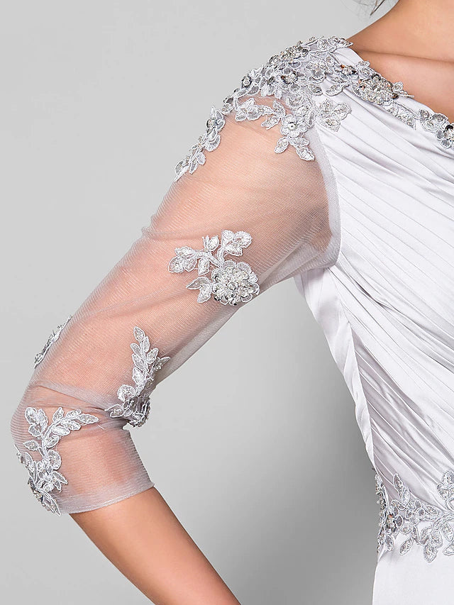 A-Line Mother of the Bride Dress V Neck Sweep / Brush Train Satin Chiffon 3/4 Length Sleeve with Criss Cross Beading Appliques