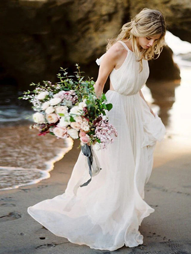 Beach Open Back Boho Wedding Dresses Court Train A-Line Sleeveless Halter Chiffon With Solid Color