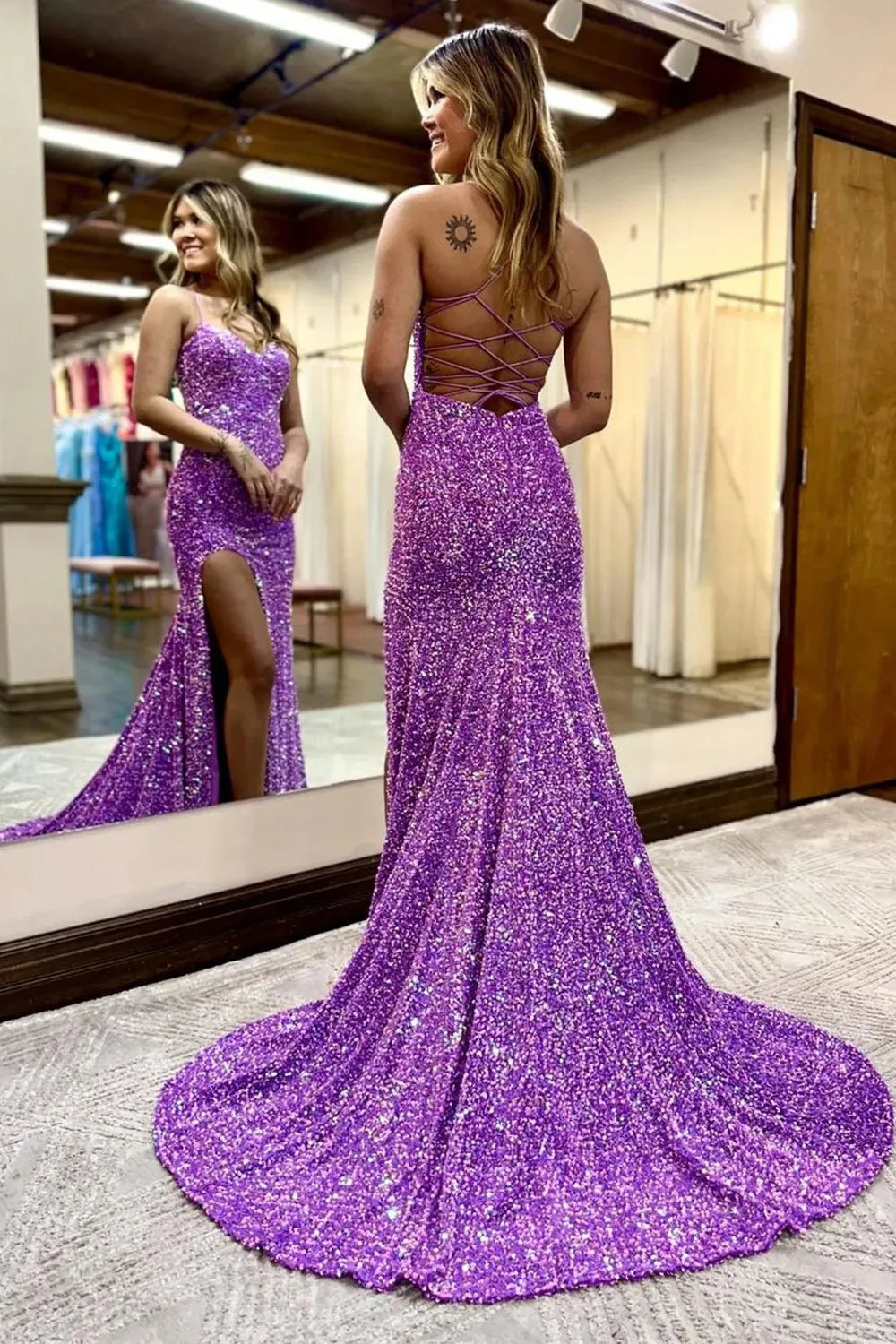 Mermaid Halter Sequins Long Prom Dress with Criss Cross Back