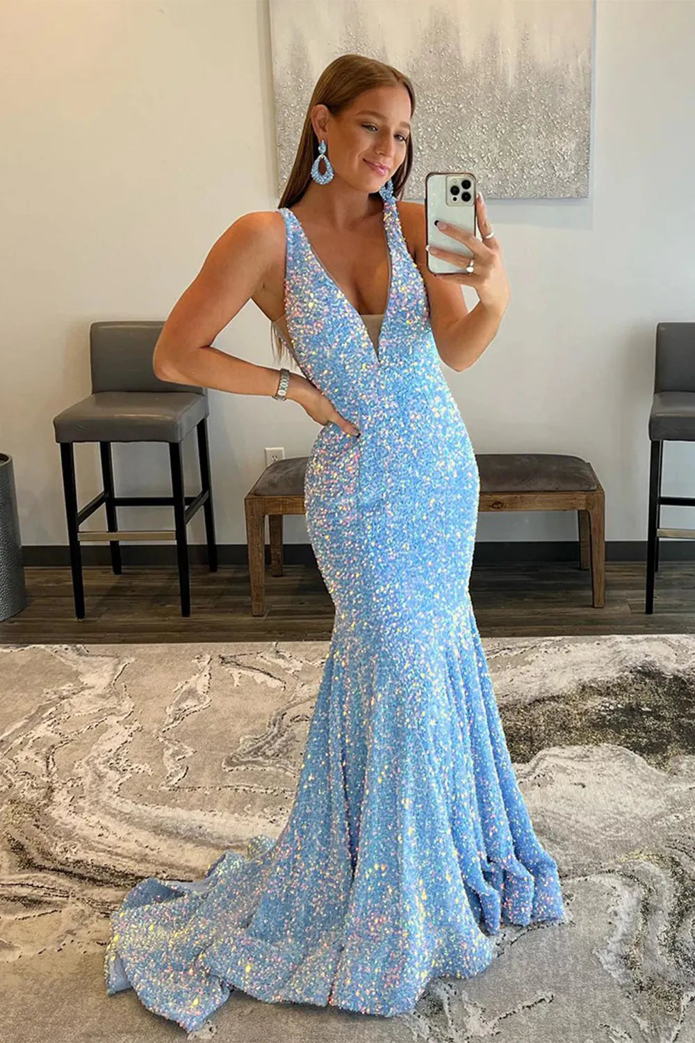 Mermaid Deep V Neck Sequins Long Prom Dress