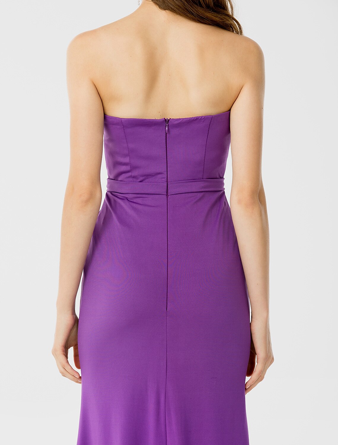 Etui-/Säulenkleid für die Brautjungfer, Herzausschnitt, ärmellos, offener Rücken, bodenlang, Jersey/Blumenspitze mit Schärpe/Band/Applikationen/vorne geschlitzt