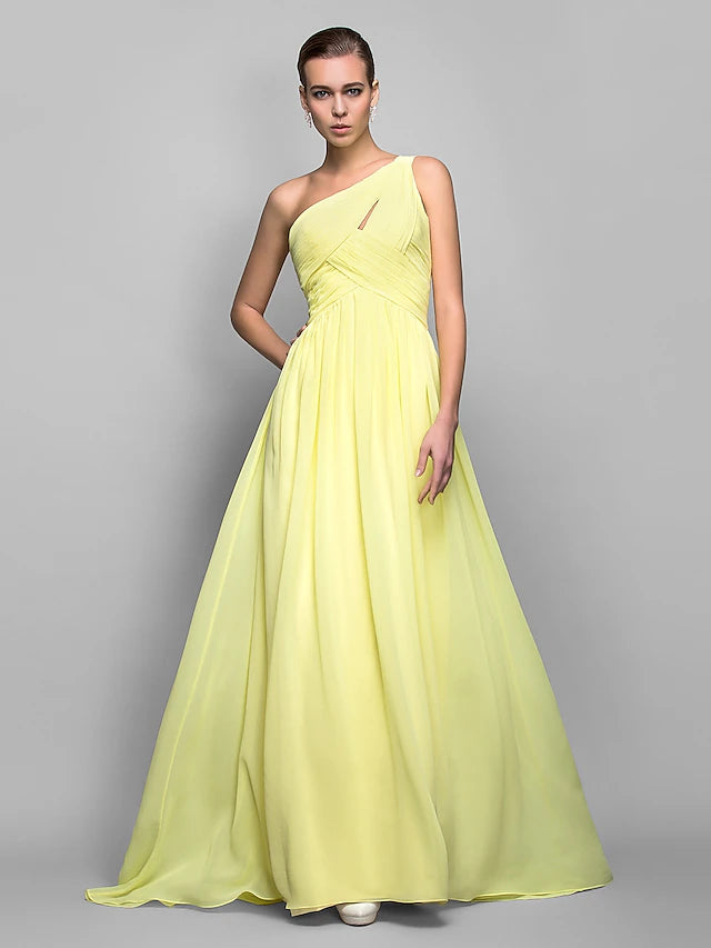 Sheath / Column Minimalist Dress Holiday Sweep / Brush Train Sleeveless One Shoulder Georgette with Criss Cross Ruched