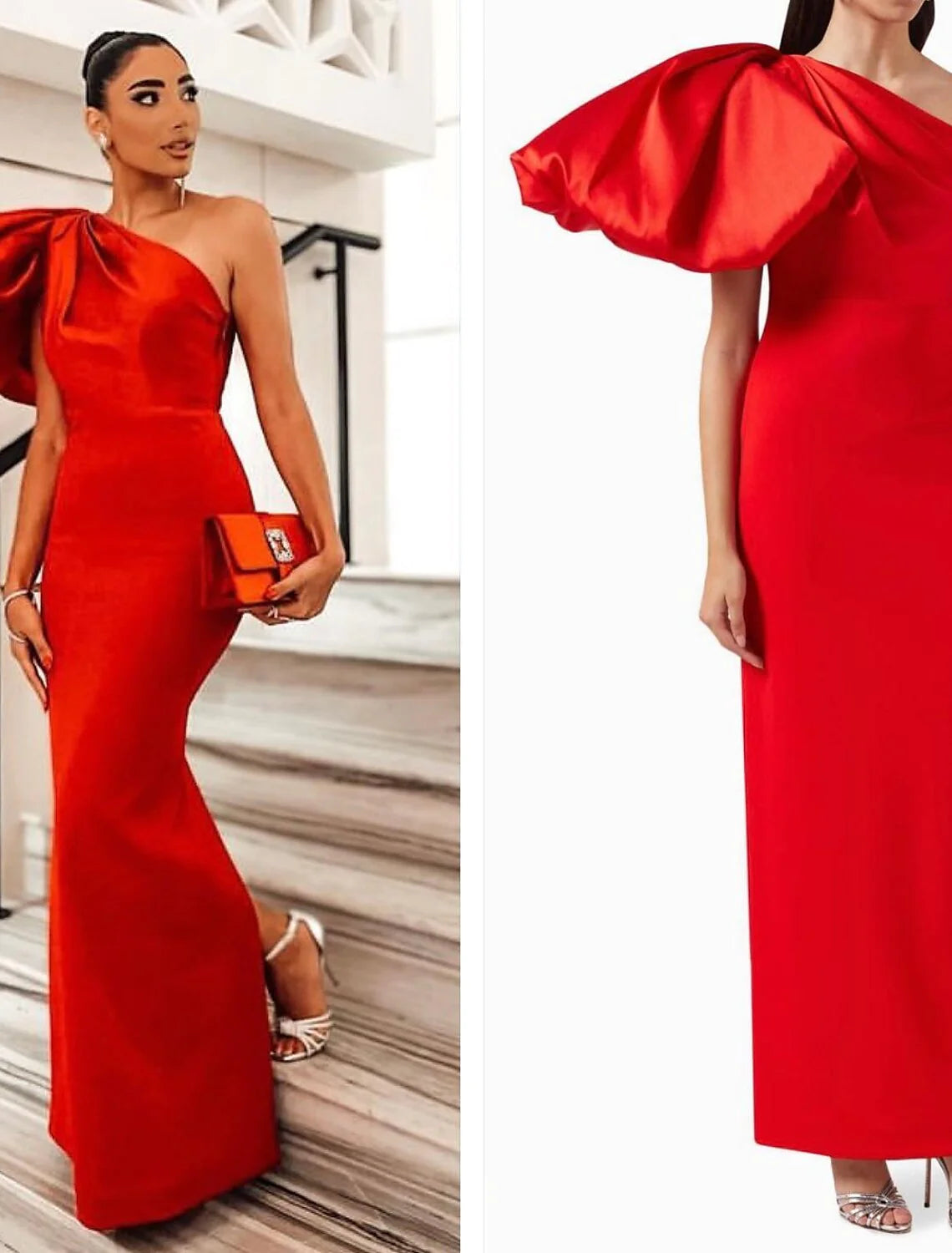 Etuikleid/Säulenkleid, elegantes Abendkleid, formelles, knöchellanges schwarzes Kleid, kurze Ärmel, eine Schulter, Satin mit Rüschen 