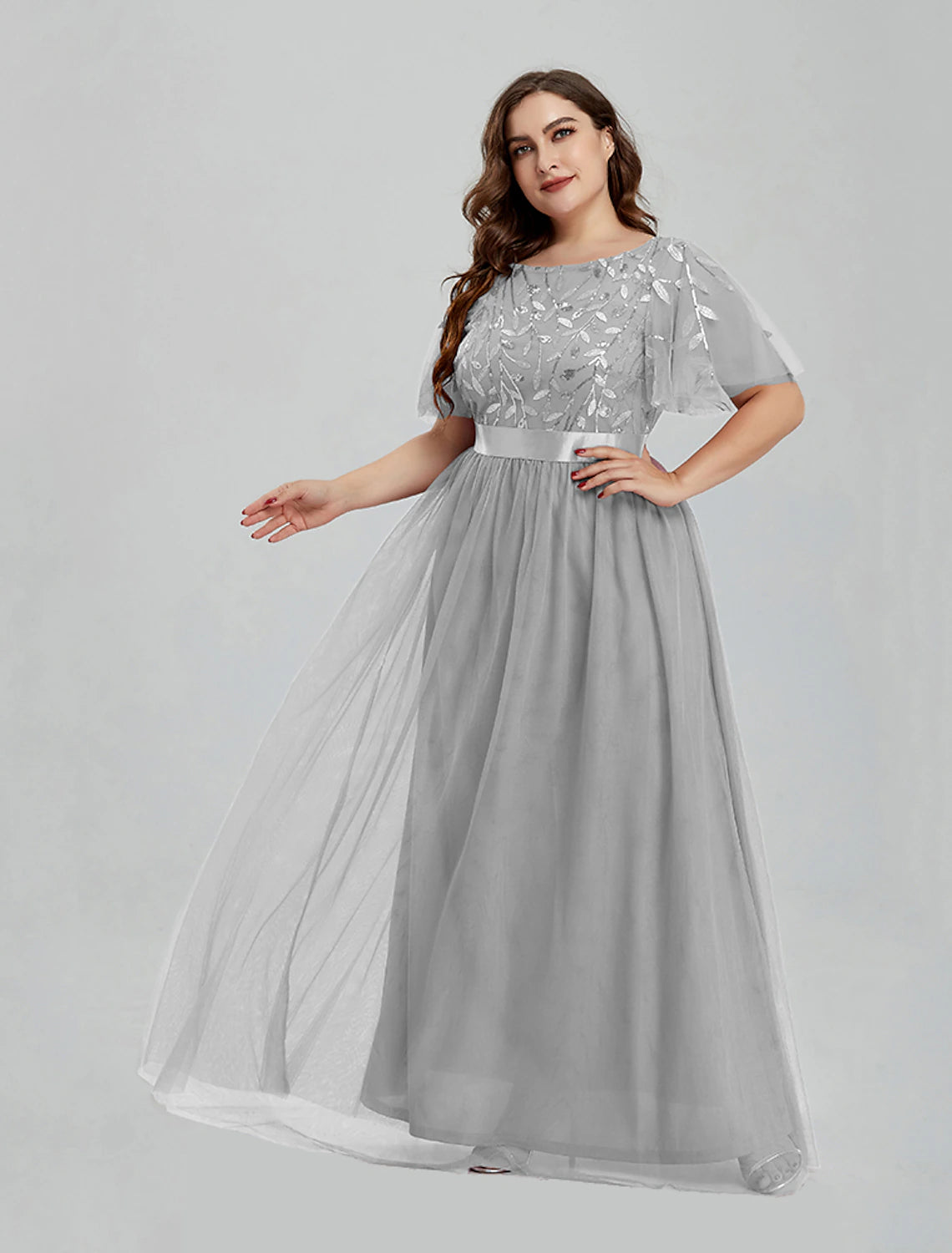 A-Linie Ballkleider Blumenkleid Partykleidung Quinceanera Bodenlang Kurzarm Brautjungfernkleid mit Rundhalsausschnitt Tüll mit Stickerei