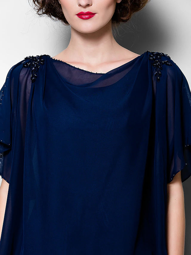 A-Line Mother of the Bride Dress Plus Size Elegant Cowl Neck Tea Length Chiffon Short Sleeve with Ruffles Crystal Brooch