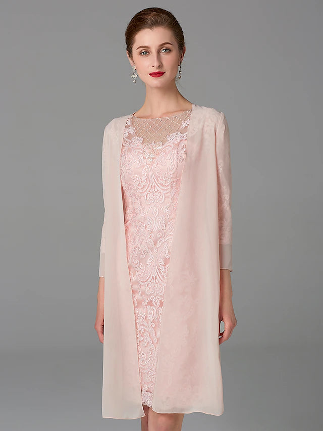 Two Piece Sheath / Column Mother of the Bride Dress Church Sparkle & Shine Jewel Neck Knee Length Chiffon Lace 3/4 Length Sleeve Jacket Dresses with Beading Appliques