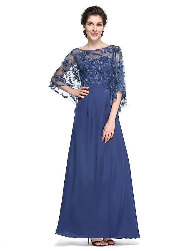 Sheath / Column Mother of the Bride Dress Elegant See Through Bateau Neck Ankle Length Chiffon Lace Half Sleeve with Lace