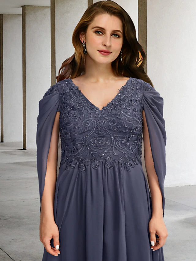 A-Line Plus Size Curve Mother of the Bride Dresses Elegant Dress Formal Floor Length Short Sleeve V Neck Chiffon with Pleats Beading Appliques