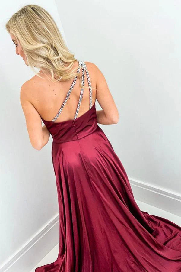 Elegant One Shoulder Wine Red Long Prom Dresses Formal Dress with Split