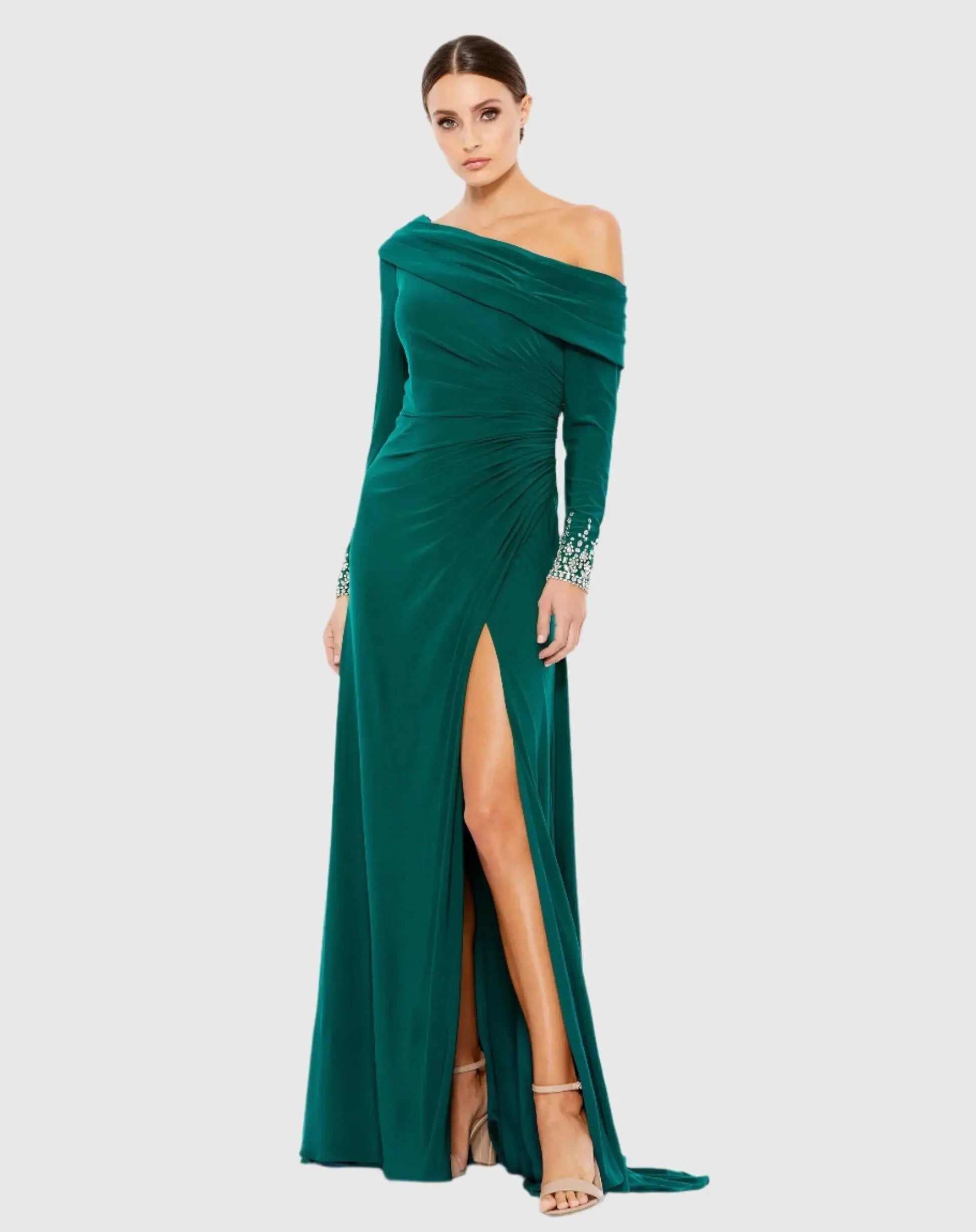Emerald off shoulder beaded cuff high slit prom gown