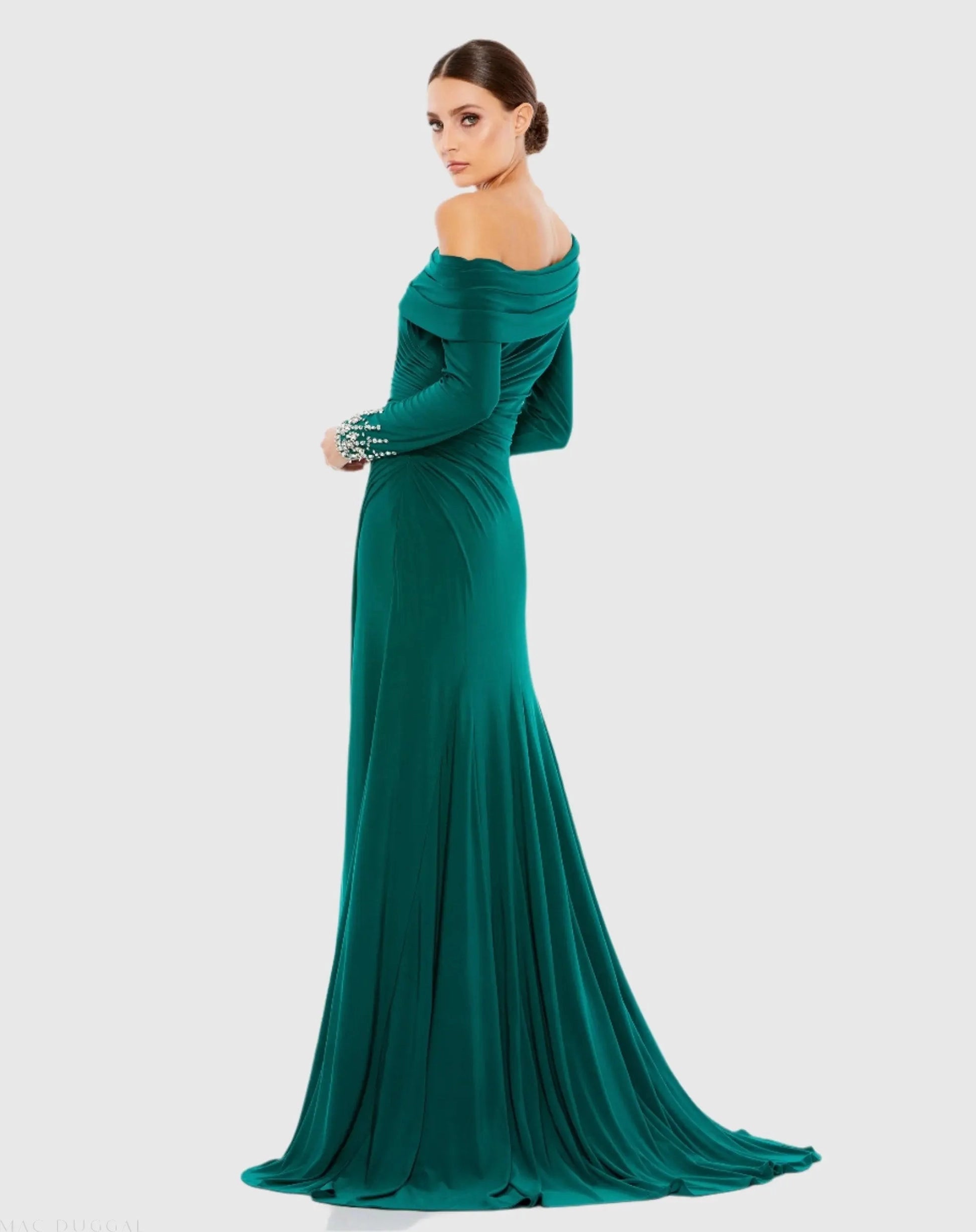 Emerald off shoulder beaded cuff high slit prom gown