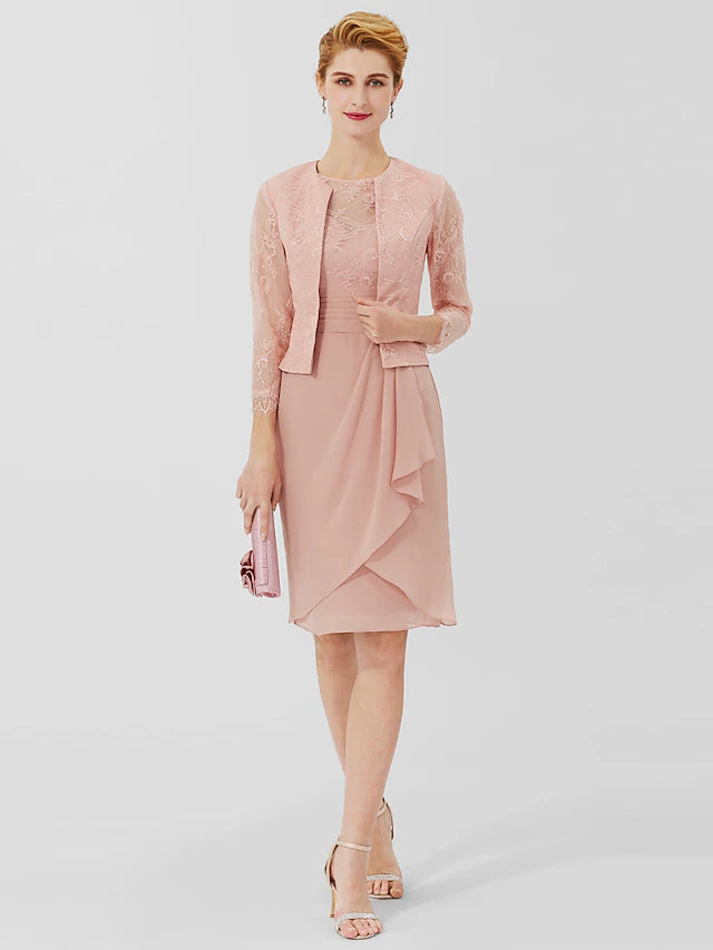 Sheath / Column Mother of the Bride Dress Formal Classic & Timeless Elegant & Luxurious Convertible Dress Jewel Neck Knee Length Chiffon Sheer Lace 3/4 Length Sleeve with Sash / Ribbon
