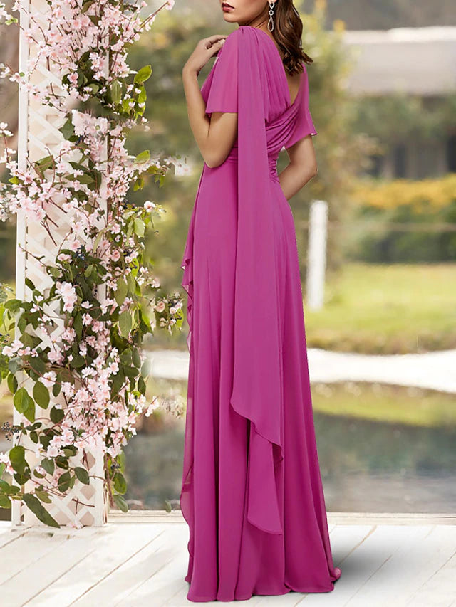 Sheath / Column Mother of the Bride Dress Elegant V Neck Floor Length Chiffon Sleeveless with Pleats Crystal Brooch Side-Draped