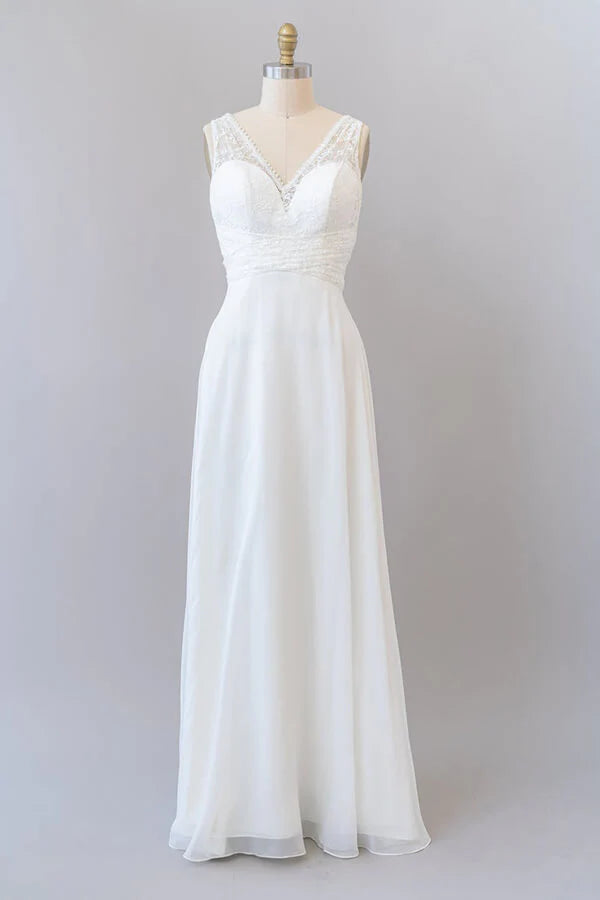 A-line Empire V-neck Lace Chiffon Open Back Long Wedding Dress