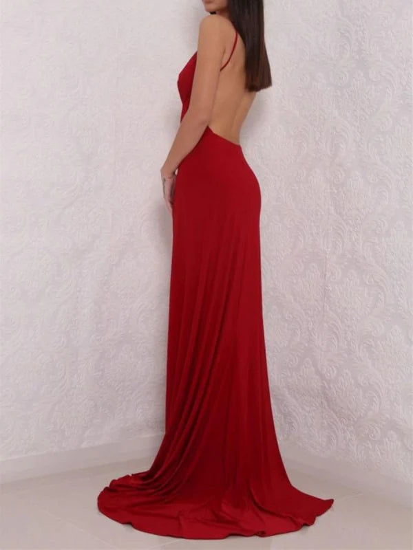 A Line V Neck Backless Long Prom Dresses with High Slit