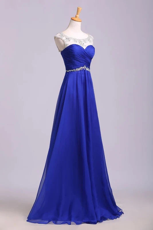 Floor Length Chiffon Belt Prom Dress with Pleats