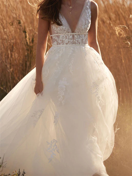 A-Line V-Neck Floor Length Wedding Dress