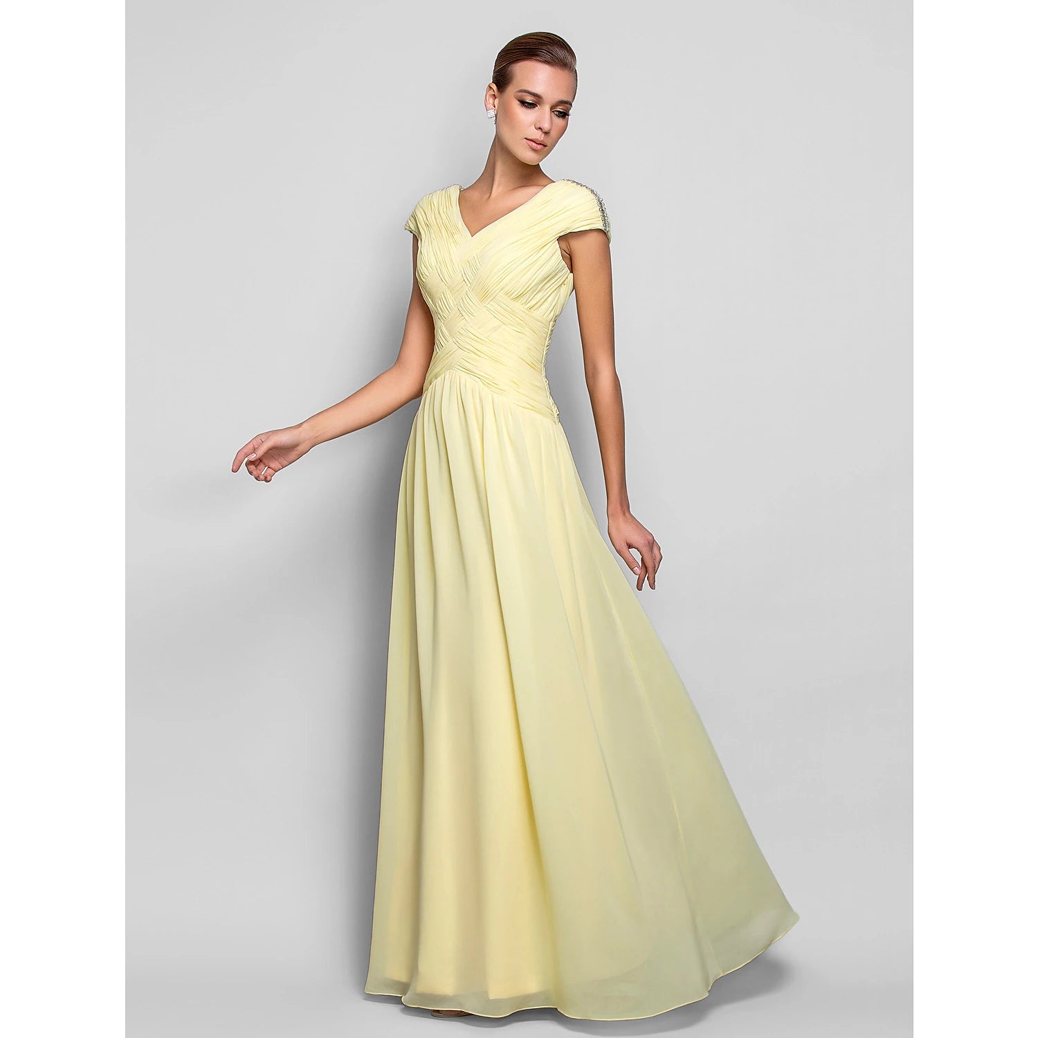 Sheath / Column Elegant Prom Formal Evening Military Ball Dress V Neck Short Sleeve Floor Length Chiffon with Criss Cross Crystals