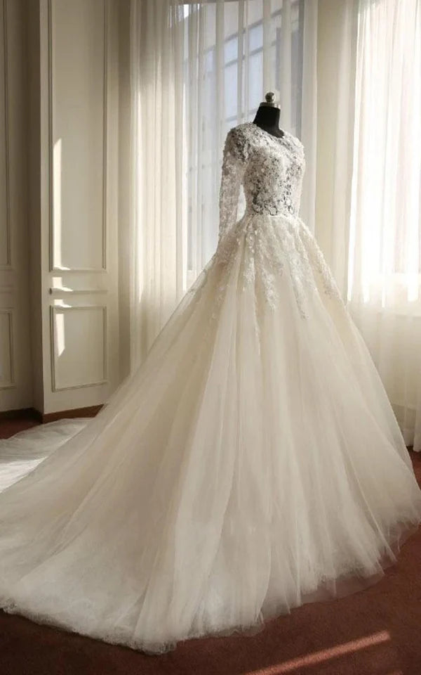 A-Line Long Sleeve Bell Beading Appliques Flower