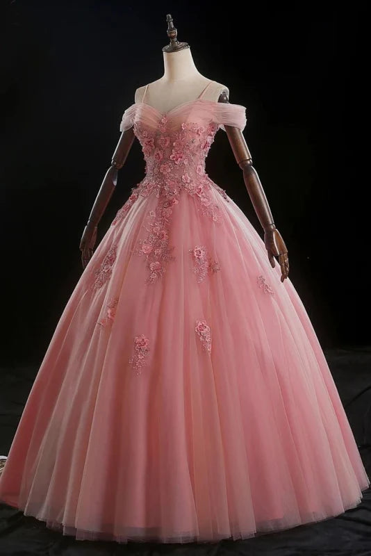 Ballkleid, schulterfrei, Blumen, bodenlang, Applikationen, Quinceanera-Kleid