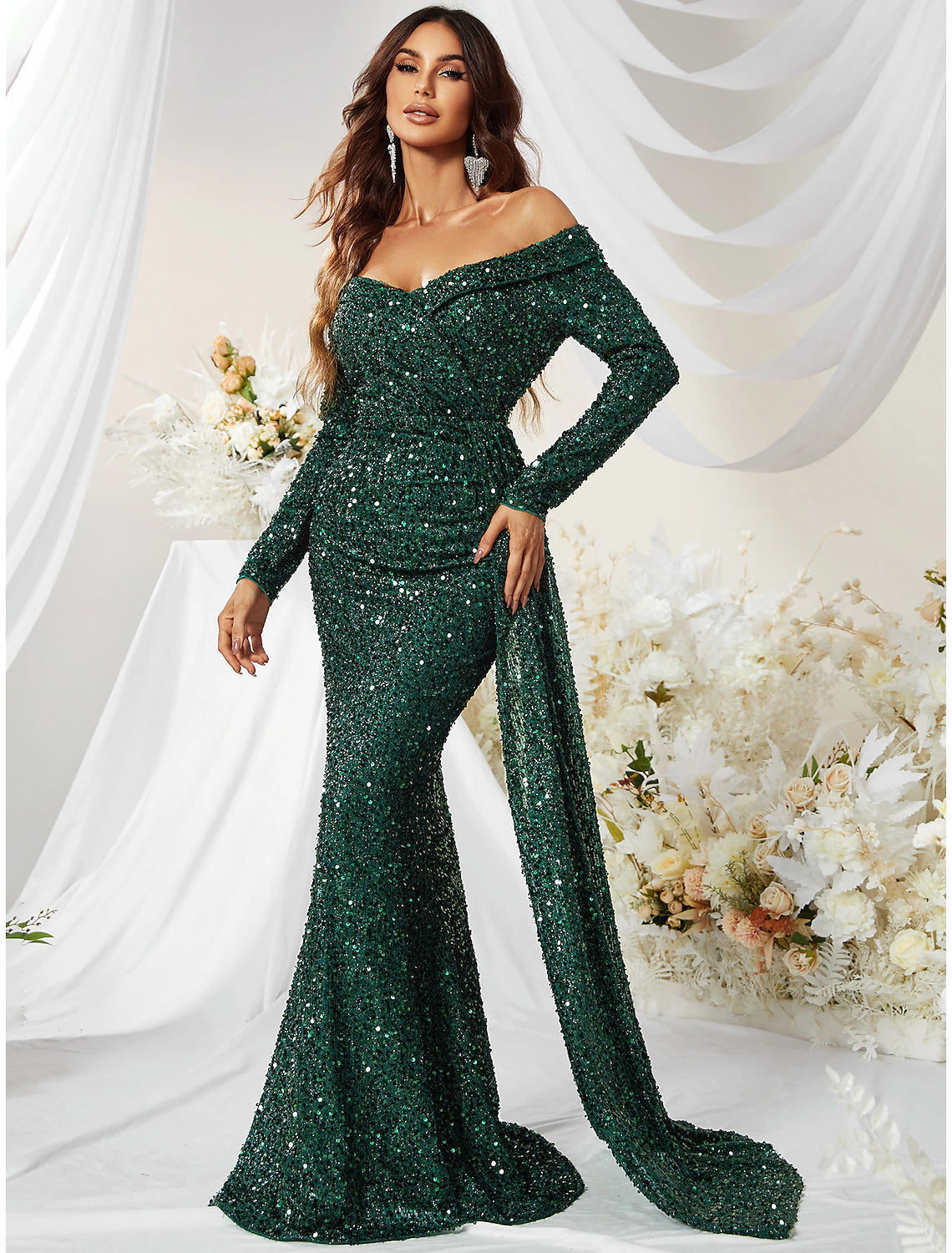 Mermaid / Trumpet Evening Gown Sparkle & Shine Dress Formal Sweep / Brush Train Long Sleeve Off Shoulder Polyester with Sequin