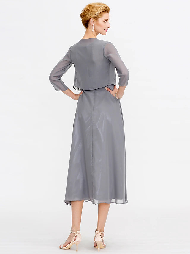 A-Line Mother of the Bride Dress Plus Size Elegant Illusion Neck Tea Length Chiffon Corded Lace Sleeveless Wrap Included with Lace Pleats