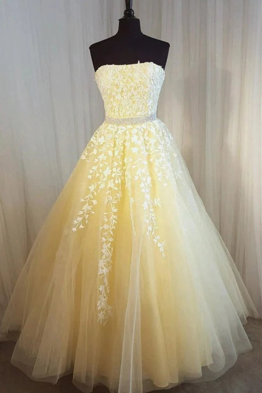 A-line Strapless Appliques Tulle Floor length Prom Dress
