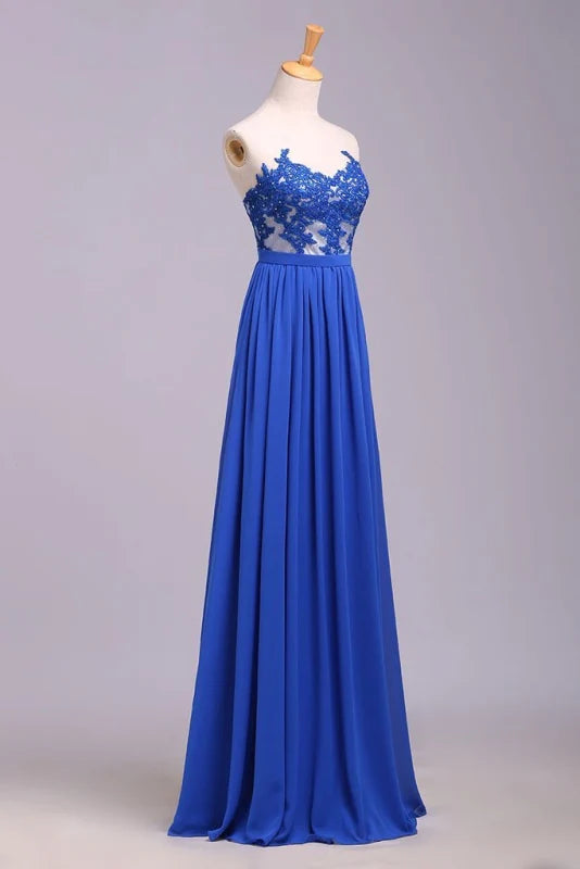Elegant Strapless Chiffon Evening Lace Appliques Long Prom Dress