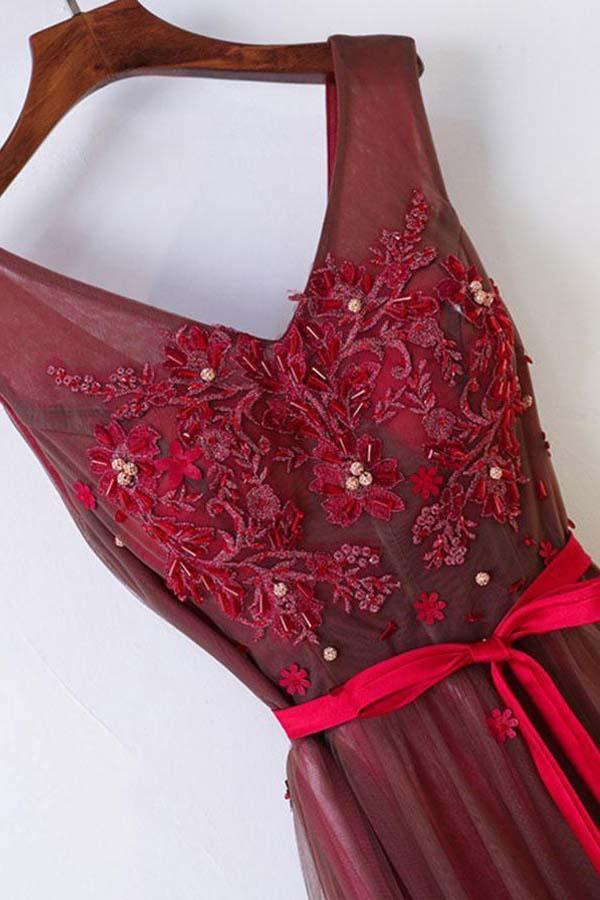 A-Line Crew Floor Length Appliques Tulle Belt Prom Dress