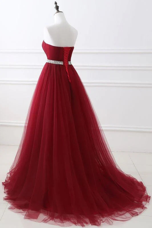 Elegant Lace up Strapless Sweetheart Tulle Prom Dress