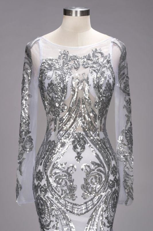 Mermaid Long Sleeves Floor Length Sequined Tulle Prom Dresses