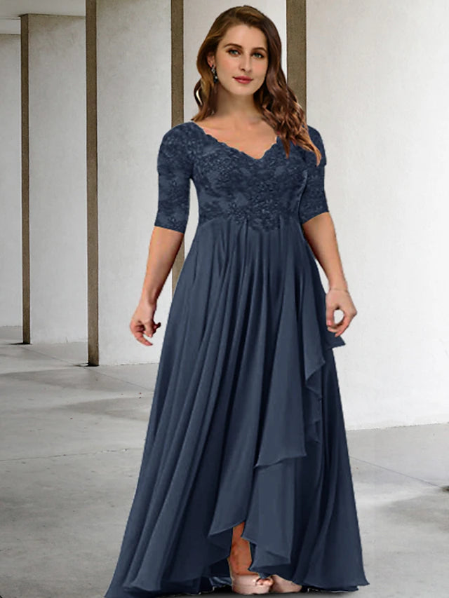 Two Piece A-Line Plus Size Curve Mother of the Bride Dresses Elegant Dress Formal Floor Length Half Sleeve V Neck Chiffon with Pleats Appliques