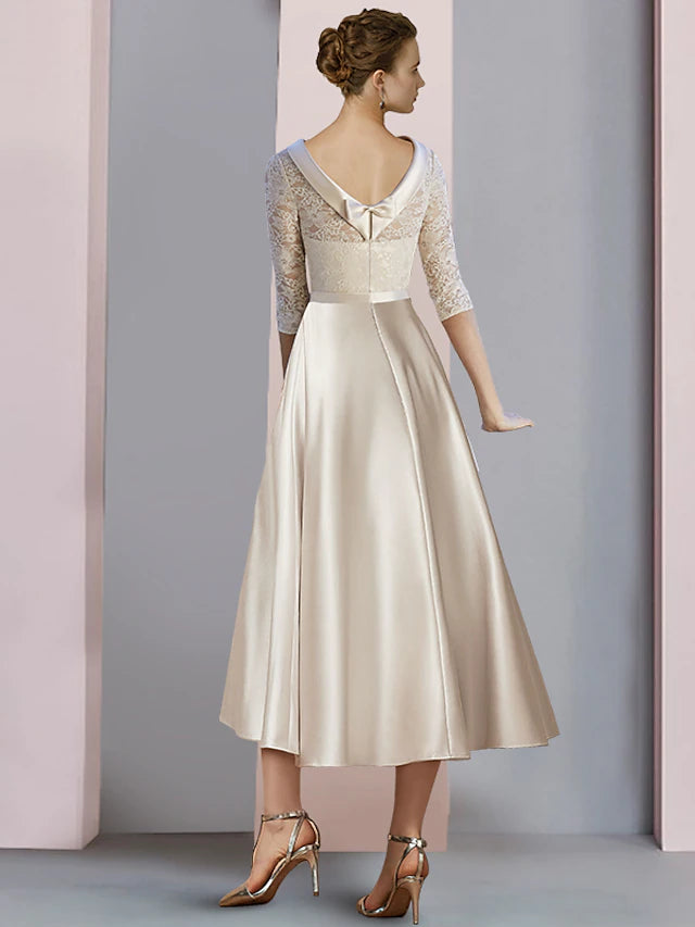 Sheath / Column Mother of the Bride Dress Wedding Guest Party Elegant Scoop Neck Tea Length Satin Lace Half Sleeve with Bow(s) Pleats