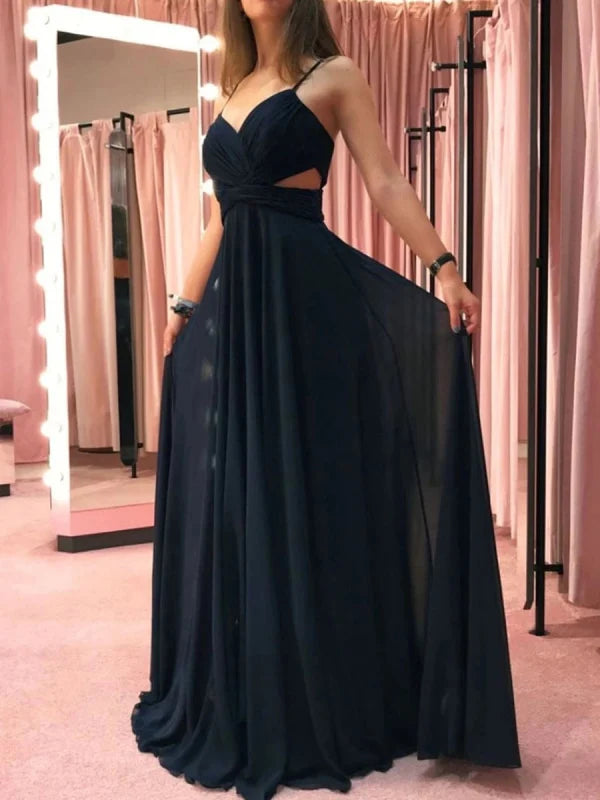 A Line V Neck Chiffon Long Prom Dresses