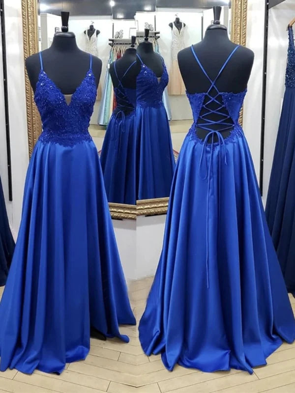 A Line V Neck Backless Long Lace Prom Dresses