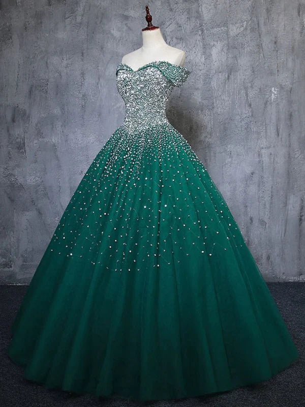 Gorgeous Off Shoulder Beaded Tulle Long Prom Dresses