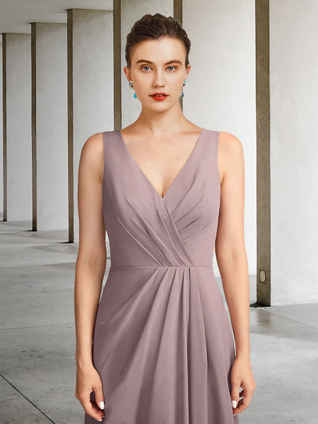 Two Piece Mother of the Bride Dress Plus Size Elegant V Neck Floor Length Chiffon Sleeveless Wrap Included Jacket Dresses with Pleats Ruffles