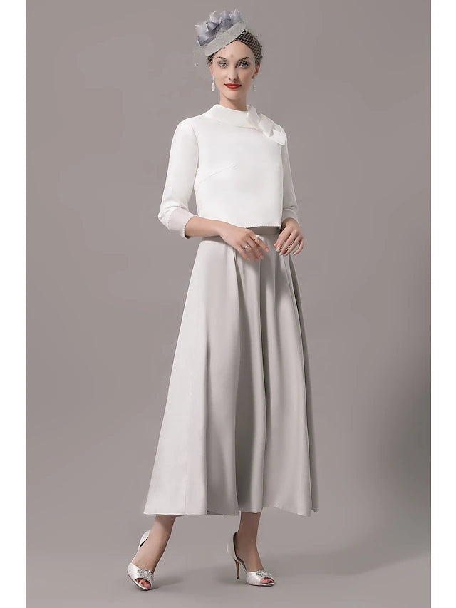 Two Piece Mother of the Bride Dress Church Elegant Jewel Neck Ankle Length Stretch Satin 3/4 Length Sleeve with Bow(s)