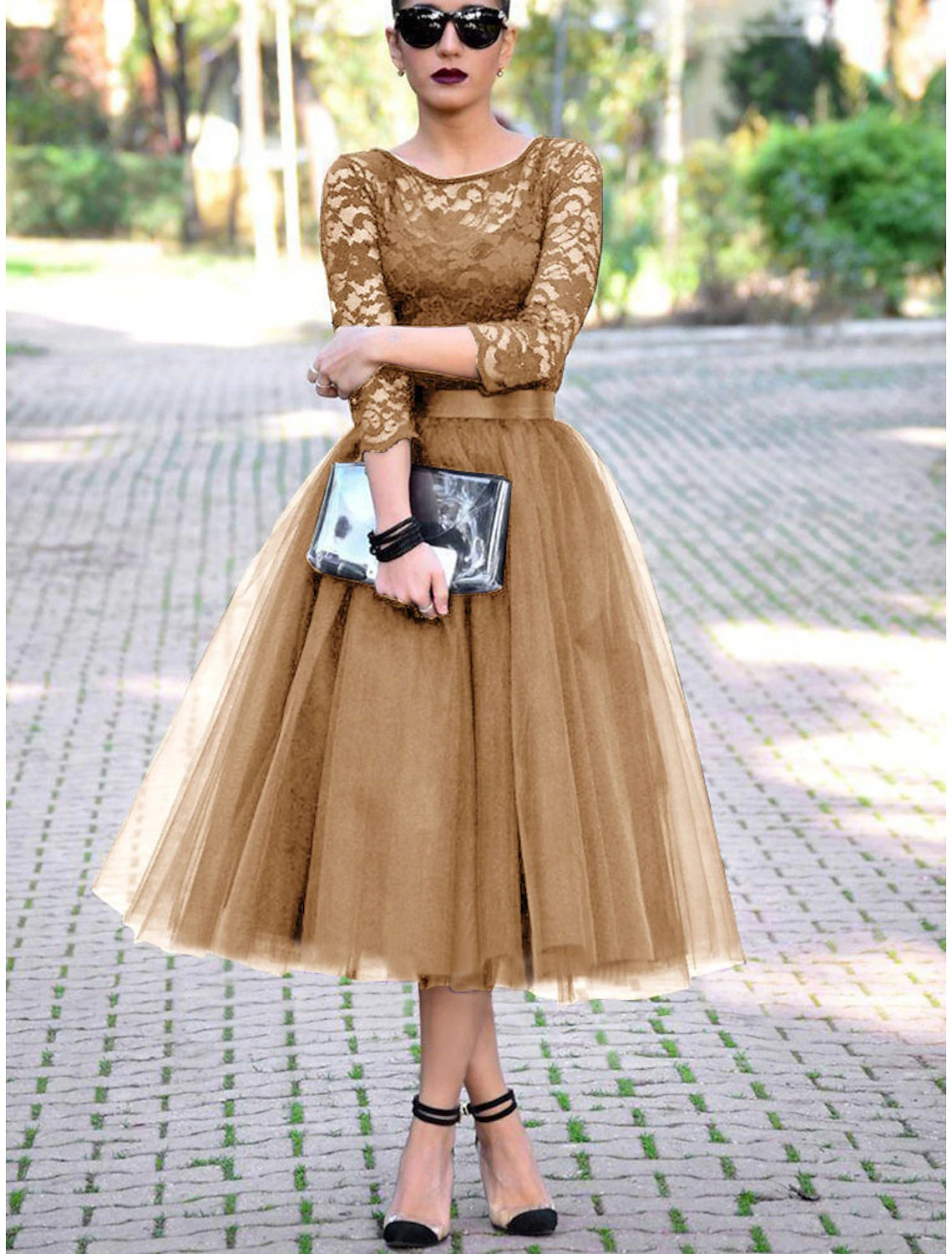 A-Linie Cocktailkleid Schwarz Vintage Kleid Halloween Knöchellänge 3/4 Ärmel Juwelenhals Herbst Hochzeitsgast Tüll mit Falten Spitzeneinsatz