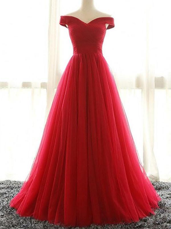 A Line Off Shoulder Floor Length Tulle Prom Dress Formal Dress