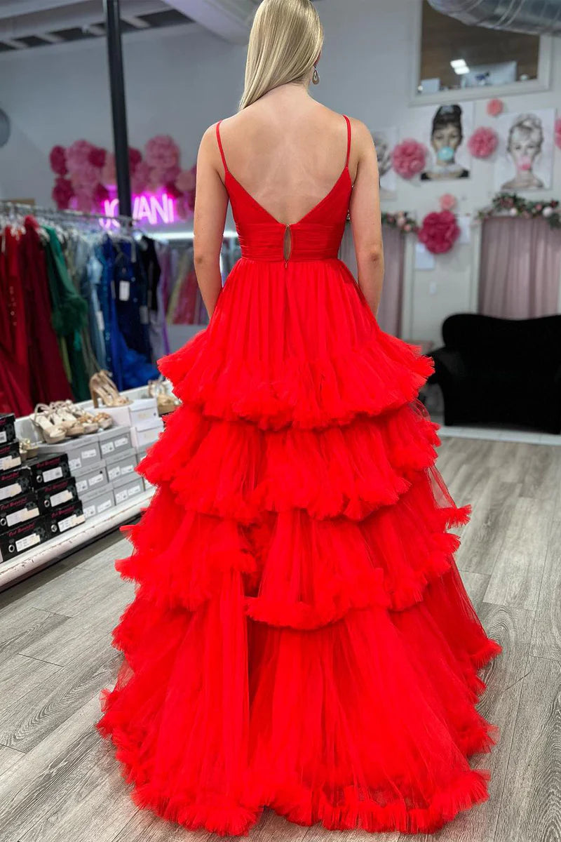 A Line V Neck Cute Red Tulle Long Prom Dresses